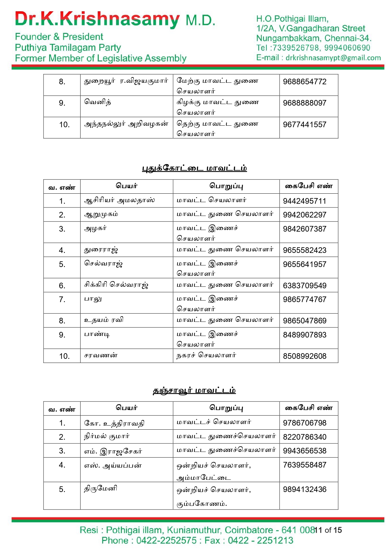 புதிய தமிழகம் கட்சி – 2022 நகர்புற உள்ளாட்சி தேர்தல் பணிக்குழு Page 0011