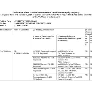 Format C-2 | Declaration about Criminal Antecedents of Puthiya Tamilagam Party Candidates – : General Election of Legislative Assembly of Tamil Nadu 2026