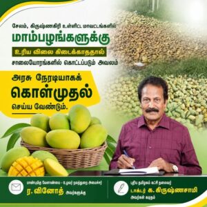சேலம், கிருஷ்ணகிரி உள்ளிட்ட மாவட்டங்களில் மாம்பழங்களுக்கு உரிய விலை கிடைக்காததால் சாலையோரங்களில் கொட்டப்படும் அவலம் – அரசு நேரடியாகக் கொள்முதல் செய்யக் கோரி மாண்புமிகு வேளாண்மை – உழவர் நலத்துறை அமைச்சர் ர. வினோத் அவர்களுக்கு புதிய தமிழகம் கட்சி தலைவர் டாக்டர் க. கிருஷ்ணசாமி அவர்கள் எழுதிய கடிதத்தின் சாராம்சம்